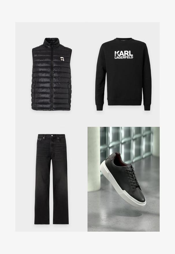 Must võid sõlmas kõrge kaelustega, ees lukk, kaks küljetaskut ja väike logo rinnal. Sile ja kerge materjal.; Mustast pehmest kangast dressipluus, millel on suured valged tähed "KARL LAGERFELD" ees, ümara kaelusega ja pikad varrukad.; Mustad sirgete sääreosadega teksad, millel on viie tasku disain, vööaasad ja nööpidega kinnitamine, valgel taustal.; Mustast nahast tennised valge paksu tallaga, mustade paeltega, hõljuvad helehalli betoonpõranda kohal klaasplokkseina lähedal.