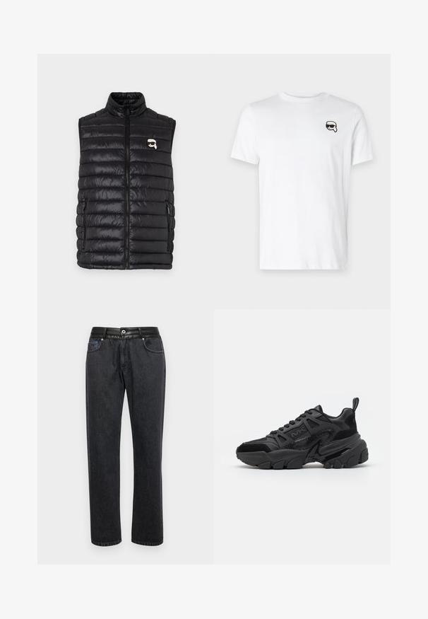 Gilet rembourré noir avec col montant, fermeture zip sur le devant, deux poches latérales et un petit logo sur la poitrine. Matière lisse et légère.; T-shirt en coton blanc avec un petit graphique noir et blanc sur le côté gauche de la poitrine. Encolure classique et manches courtes.; Jeans en denim noir avec une coupe droite, dotés d'une ceinture en cuir lisse, de poches avant et de détails de couture subtils.; Baskets noires présentant un mélange de matériaux lisses et texturés, une semelle épaisse, un design à lacets et des accents latéraux distincts.