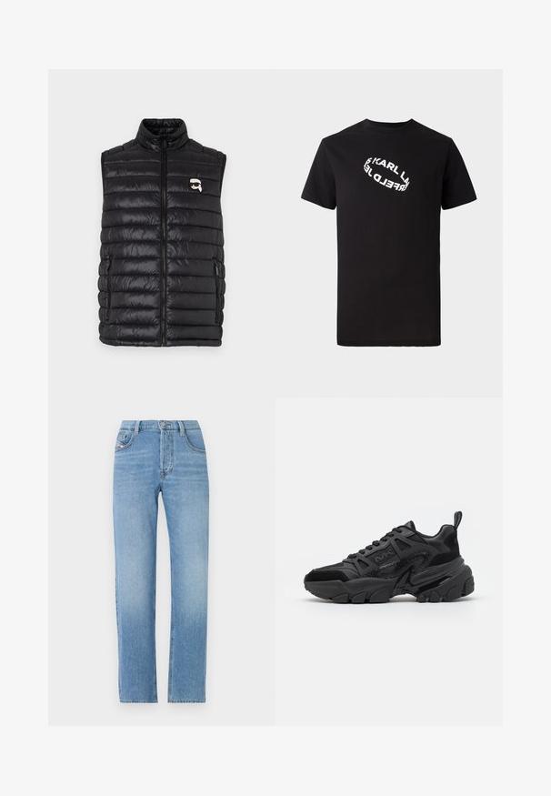 Sort polstret vest med høj krave, frontlynlås, to sidelommer og et lille logo på brystet. Glat, let materiale.; Sort bomulds T-shirt med korte ærmer og rund hals. Har en hvid, forvrænget logotekst trykt på fronten.; Lys blå denim jeans med lige ben design, knaplukning, fem-lomme stil og subtilt falmet tekstur. Klassisk jean silhuet.; Sorte sneakers med en kombination af glatte og teksturerede materialer, en chunky sål, snøredesign og markante sideaccents.