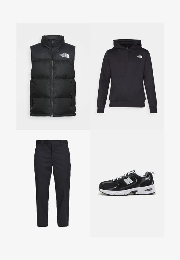 Zwarte gewatteerde vest met hoge kraag, ritsluiting en zijzakken. Bevat het witte logo van The North Face op de borst.; Zwarte pullover hoodie van zacht materiaal, met een voorste kangoeroezak, een capuchon met trekkoord en een wit logo op de borst.; Zwarte chino's van lichtgewoven katoen, met een rechte pijp, zijzakken en een knoopsluiting bij de taille.; Zwarte en grijze sport schoenen met een bovenwerk van mesh en suede, voorzien van een witte tussenzool, veters en een gedurfde "N"-logo aan de zijkant.