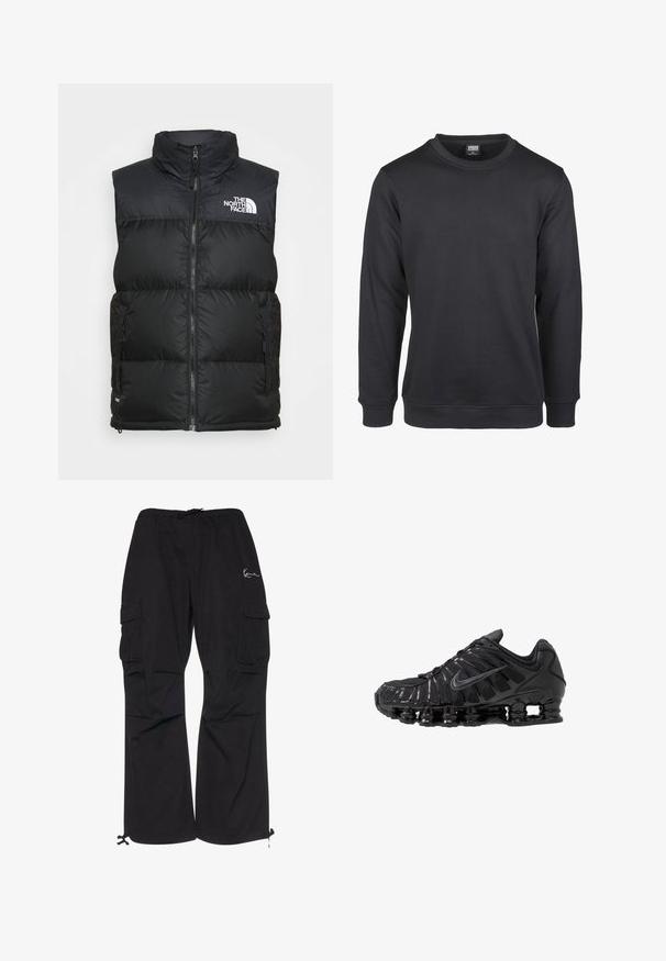 Must must vest kõrge kaelusega, lukuga ja küljetaskutega. Rinnal on The North Face'i valge logo.; Must päikesevaateede ja puuvilla segu materjalist, millel on ümmargune kaelus, pikad varrukad, soonikkoes varrukaotsad ja regulaarne lõige.; Mustad mustad pagasid kergedest kangast, elastse vöökoha ja paeltega, külgtaskud ja reguleeritavad pärani.; Mustad võrgu- ja sünteetilisest materjalist sportlikud jalanõud, millel on eriline laineline disain, must kummist talla ja peegeldavad lisandid.