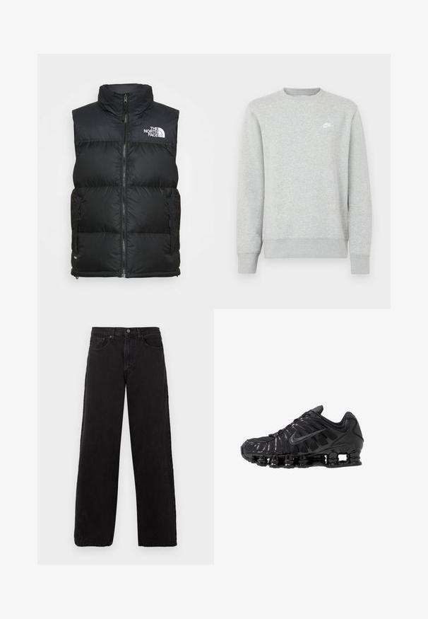 Musta pehmeä liivi, jossa on korkea kaulus, vetoketjukiinnitys ja sivutaskut. Rinnassa on The North Face -brändin valkoinen logo.; Harmaa collegepaita pehmeää fleecekangasta, jossa on resorit hihoissa ja helmassa, sekä pieni valkoinen Nike-logo rinnassa.; Mustat farkut, joissa on suora lahje, viisi taskua ja napitus. Teksturoitu kangas ja minimalistinen tyyli.; Mustat urheilukengät, jotka on valmistettu verkkokankaasta ja synteettisistä materiaaleista. Niissä on erottuva aaltoileva kuvio, musta kumipohja ja heijastavia yksityiskohtia.