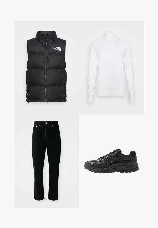 Sort polstret vest med høj krave, lynlåslukning og sidelommer. Udsmykket med The North Faces hvide logo på brystet.; Hvid turtleneck sweater med lange ærmer, lavet af glat stof. Har et tætsiddende design og ribbede manchetter og kant. Ingen mønstre eller accenter.; Sorte fløjlsprede bukser med høj talje, lige ben, fem lommer og sølvhardware, der har et struktureret ribbet mønster over det hele.; Sort atletisk sko med en overdel af mesh og syntetisk materiale, tekstureret overflade, snørrebånd og en mønstret gummisål for godt greb.