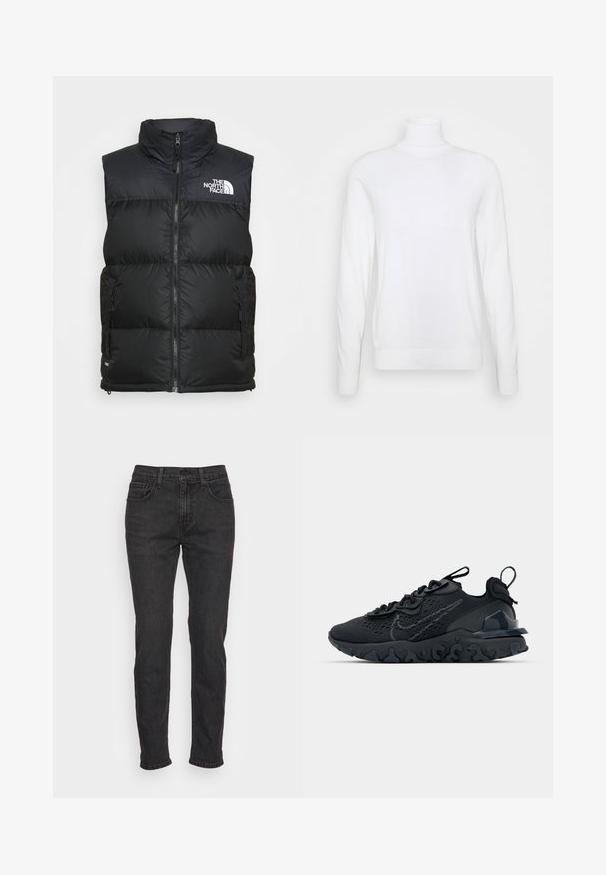Must must vest kõrge kaelusega, lukuga ja küljetaskutega. Rinnal on The North Face'i valge logo.; Valge kõrge kaelusega kampsun pikkade varrukatega, valmistatud siledast kangast. Omab sobivat lõiget ning üldiselt ribaroheline varrukate ja küljepidi. Ei sisalda mustreid ega aktsente.; Mustad denim püksid sobiva lõikega, viis taskut, vööde aasad ja peened õmblusest detailid. Kulunud tekstuur kangal.; Must mustreesne tossudega, millel on hingav võrkmaterjalist pealis, tekstureeritud detailid ja laineline kummist tallaosa. Omab peegelduvat logo ja sidumise süsteemi.