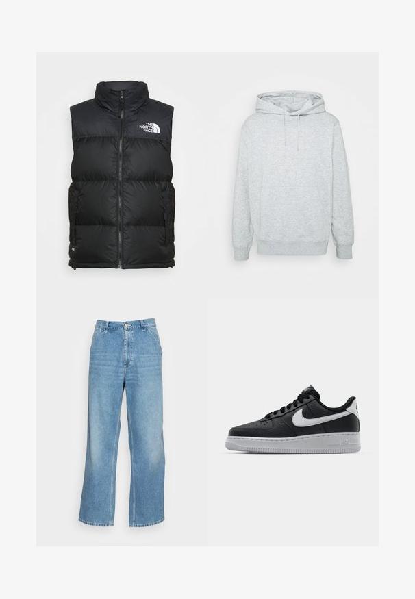 Must must vest kõrge kaelusega, lukuga ja küljetaskutega. Rinnal on The North Face'i valge logo.; Halli hall, mis on valmistatud puuvilla segukangast, sisaldab nööriga kapuutsi, känguru taskut, soonikkoes varrukate ja äärtega, ning omab pehmet tekstuuri.; Heled sinine laiemate jalgadega teksad, mis on valmistatud denimist. Omab kõrget vööd, nööpide sulgemist ja tavalist viie tasku disaini. Sile tekstuur.; Must musta sneaker tekstureeritud pinnaga, valge Nike logo, hall tald, ümar varv ja paeltega disain. Omab perforatsioone varbakasti peal.