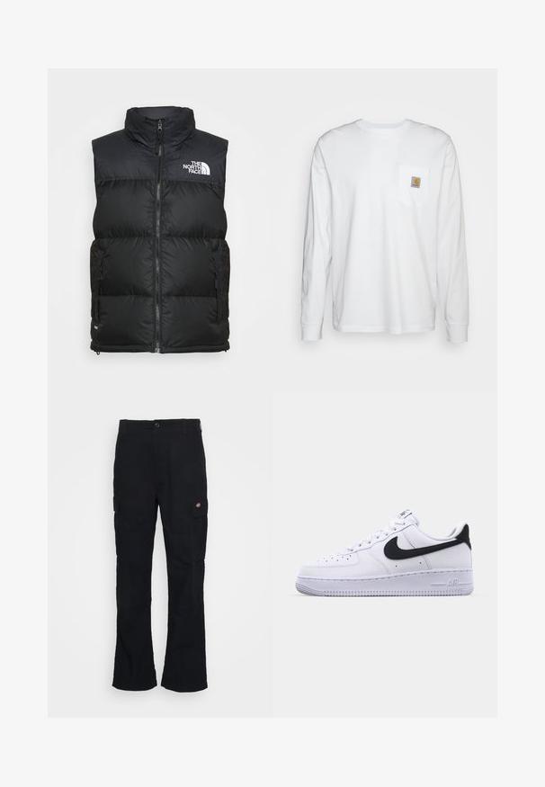 Must must vest kõrge kaelusega, lukuga ja küljetaskutega. Rinnal on The North Face'i valge logo.; Piklike valge puuvillane särk pikkade varrukatega, millel on rinnanupuga ruudukujuline logodeklee. Lihtne disain ümarate kaelaaukude ja mansettidega varrukate ning.; Mustadest kottpükstest, mis on sirge lõikega, valmistatud vastupidavast kangast, küljetaskute ja vasakul küljel oleva logoga.; Valge nahast toss musta tekstuuriga Swooshiga, lamedate nööridega ja kummist tallaga, millel on sooneline muster. "AIR" on reljeefne kandadel.
