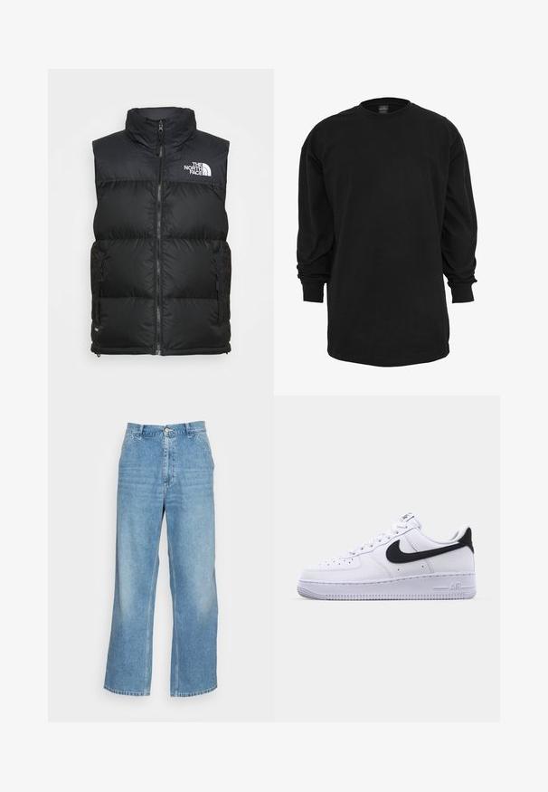 Must must vest kõrge kaelusega, lukuga ja küljetaskutega. Rinnal on The North Face'i valge logo.; Pikend paheline must T-särk, mis on valmistatud puuvillast. Omab ümarat kaelust ja regulaarset lõiget. Sile tekstuur, ilma nähtavate mustrite või aktsentideta.; Heled sinine laiemate jalgadega teksad, mis on valmistatud denimist. Omab kõrget vööd, nööpide sulgemist ja tavalist viie tasku disaini. Sile tekstuur.; Valge nahast toss musta tekstuuriga Swooshiga, lamedate nööridega ja kummist tallaga, millel on sooneline muster. "AIR" on reljeefne kandadel.