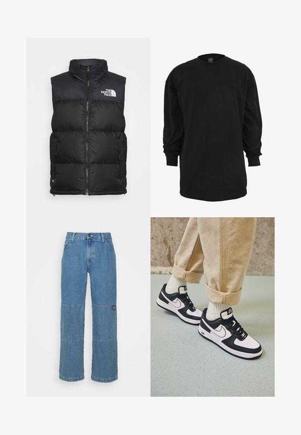 Zwarte gewatteerde vest met hoge kraag, ritsluiting en zijzakken. Bevat het witte logo van The North Face op de borst.; Zwart T-shirt met lange mouwen, gemaakt van katoen. Kenmerkt zich door een ronde halslijn en een reguliere pasvorm. Glad oppervlak zonder zichtbare patronen of accenten.; Lichtblauwe denim jeans met een relaxed fit, voorzien van patchworkpanelen, bovenste knoopsluiting, vijf-pocket ontwerp en subtiele branding op het been.; Zwart-witte Nike Air Force 1 sneakers met een leren bovenwerk, geperforeerde neus en gestructureerde zooldetails, gedragen met opgerolde beige broek en witte sokken.