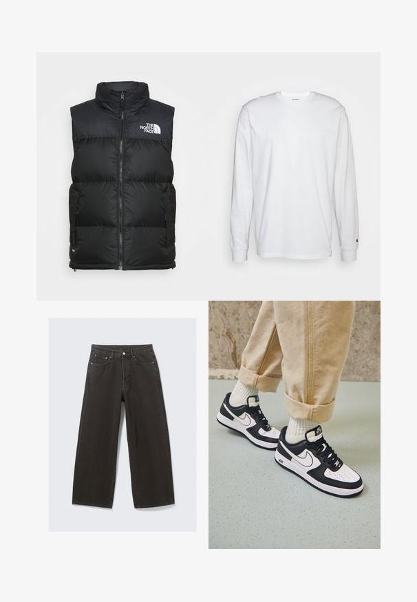 Sort polstret vest med høj krave, lynlåslukning og sidelommer. Udsmykket med The North Faces hvide logo på brystet.; Hvid langærmet T-shirt lavet af bomuld. Rund halsudskæring med ribbede manchetter og et lille logo på venstre ærme. Glat tekstur.; Bredde ben sorte denim jeans har høj talje, fem-lomme design og knaplukning foran. Stoffet har en blød, tekstureret overflade.; Sorte og hvide Nike Air Force 1 sneakers med læderoverdel, perforeret tå og tekstureret såldetalje, båret med rullede beige bukser og hvide sokker.