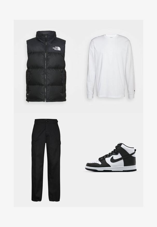 Sort polstret vest med høj krave, lynlåslukning og sidelommer. Udsmykket med The North Faces hvide logo på brystet.; Hvid langærmet T-shirt lavet af bomuld. Rund halsudskæring med ribbede manchetter og et lille logo på venstre ærme. Glat tekstur.; Sorte cargo bukser med lige pasform, der har sidelommer, knaplukning og elastiske manchetter ved anklerne. Fremstillet af slidstærkt stof.; Sort og hvid høj-top sneakers med læderoverdel, perforeret tåboks, fremtrædende swoosh-logo og struktureret gummisål.