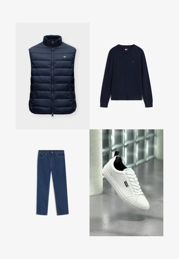 Veste sans manches matelassée bleu marine avec col montant, fermeture éclair à l'avant, deux poches latérales zippées et petit logo sur la poitrine.; Pull col rond bleu marine foncé à manches longues avec petit logo Tommy Hilfiger rouge, blanc et bleu sur la poitrine et à l’intérieur du col.; Jean denim bleu foncé à jambes droites, cinq poches et fermeture à bouton à la taille, présenté à plat sur fond blanc.; Baskets en cuir blanc avec doublure intérieure noire, fermeture à lacets plats et détail logo visible. Semelle en caoutchouc texturée pour une meilleure adhérence.