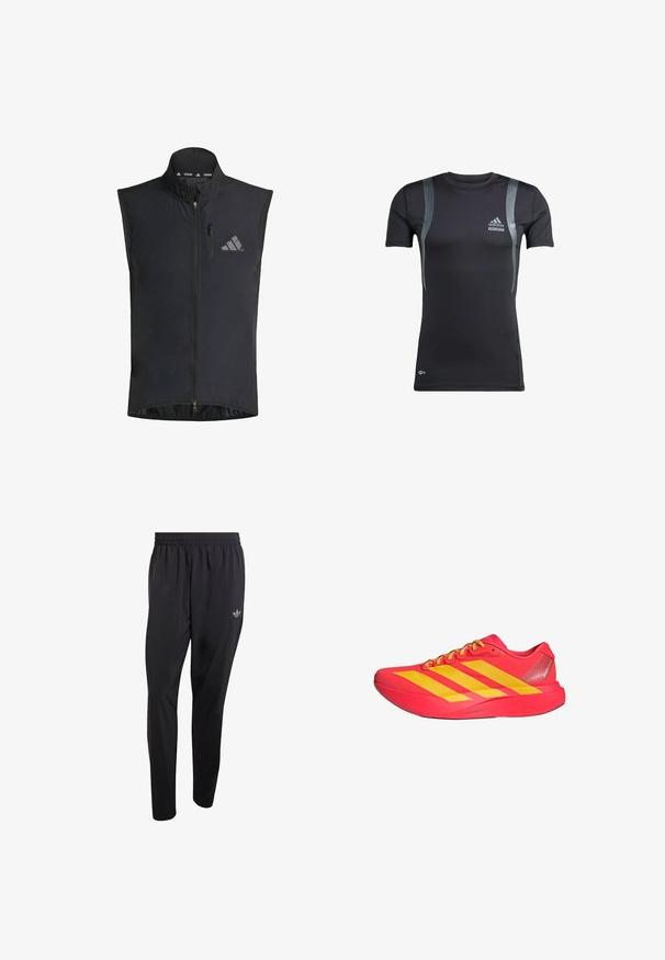 Gilet de cyclisme noir en tissu léger, doté d'une fermeture à glissière sur le devant, d'un col montant et d'un détail de logo réfléchissant sur la poitrine.; T-shirt de sport noir à manches courtes avec des accents gris, fabriqué en tissu extensible. Présente un logo Adidas sur la poitrine gauche et une marque Techfit.; Pantalon de sport noir en tissu léger, doté d'une taille élastique et d'un petit logo embossé en haut de la jambe gauche.; Chaussure de sport rouge avec des accents jaunes et trois bandes horizontales. Présente une tige texturée et un design léger et sportif, idéal pour la course.