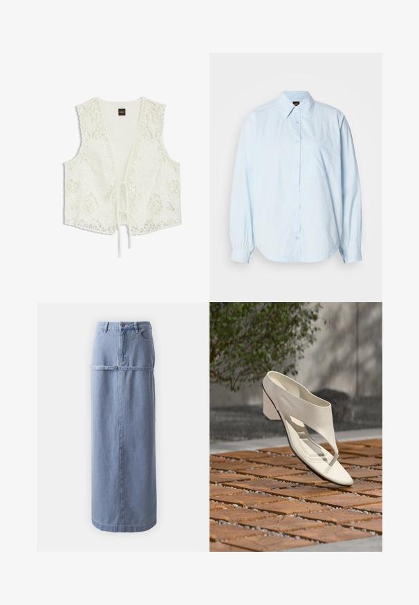 Débardeur blanc sans manches en dentelle à motifs floraux, col en V profond et fermetures à nouer sur le devant, par BOSS.; Chemise à manches longues bleu clair en coton. Caractéristiques : un col, un ourlet arrondi et une petite poche poitrine avec un logo brodé.; Jupe longue en denim bleu clair avec une silhouette droite, poches avant et un détail en bouton métallique à la taille. Tissu doux et texturé.; Sandale à talon en cuir blanc avec une large bride et un entre-doigts, exposée en extérieur sur une surface carrelée en bois et en gravier avec de la verdure en arrière-plan.