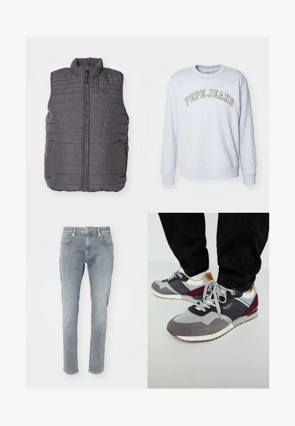 Grå polstret vest med lodret syning, høj krave og lynlås foran. Har to sidelommer og et lille logo på brystet.; Lysblå sweatshirt lavet af en bomuldsblanding. Har ribbestrikkede manchetter og kant, med "PEPE JEANS" trykt i et buet design henover brystet.; Lysegrå denimjeans med lige ben, der har lynlås, fem lommer og diskret slid på forsiden.; Grå og sorte sneakers i ruskind og mesh-materiale, med et maroon akcent, hvide snørebånd og en tan hæltab. Gummisål med mønster.
