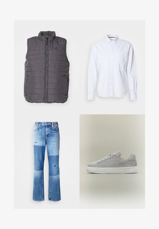 Gilet matelassé gris avec des coutures verticales, col haut et fermeture éclair à l'avant. Comprend deux poches latérales et un petit logo sur la poitrine.; Une chemise blanche à manches longues avec des rayures verticales bleu clair. Design à boutons avec une seule poche poitrine et une petite étiquette de marque sur la poche.; Jean évasé en denim bleu avec un design patchwork, présentant des nuances plus claires et plus foncées, des détails usés, et un style traditionnel à cinq poches.; Baskets en daim gris clair avec semelle en caoutchouc blanche et lacets gris, vue de profil sur fond neutre.
