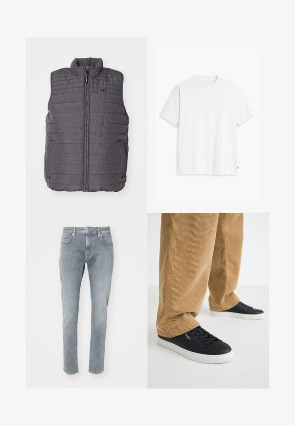 Grijze gewatteerde vest met verticale stiksels, hoge kraag en ritssluiting aan de voorkant. Bevat twee zijzakken en een klein logo op de borst.; Wit katoenen T-shirt met korte mouwen, ronde hals en een subtiel "Levi's" logo in een lichte kleur op de voorkant gedrukt.; Lichtgrijze denimjeans met een rechte pijp, voorzien van een ritssluiting, vijf zakken en subtiele slijtage-effecten aan de voorkant.; Zwarte leren sneakers met witte rubberen zolen. Draagt een paar tan corduroy broeken met verticale ribbels en een ontspannen pasvorm.