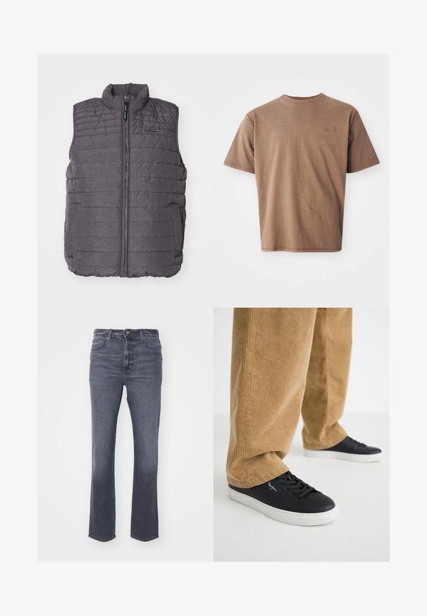 Gilet matelassé gris avec des coutures verticales, col haut et fermeture éclair à l'avant. Comprend deux poches latérales et un petit logo sur la poitrine.; T-shirt en coton marron avec un col rond, des manches courtes et un logo brodé discret sur le côté gauche de la poitrine. Texture lisse, coupe décontractée.; Jeans en denim gris avec une coupe droite, design à cinq poches, décoloration subtile, patte de boutonnage et fermeture éclair, et taille classique.; Baskets en cuir noir avec des semelles en caoutchouc blanches. Portées avec un pantalon en velours côtelé beige à côtes verticales et à coupe décontractée.