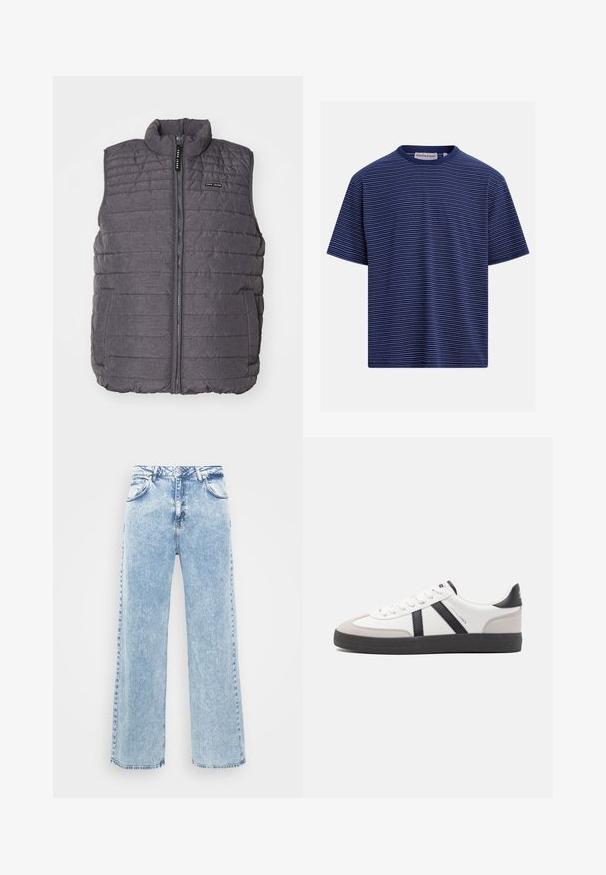 Grijze gewatteerde vest met verticale stiksels, hoge kraag en ritssluiting aan de voorkant. Bevat twee zijzakken en een klein logo op de borst.; Navyblauw T-shirt met korte mouwen, dunne witte horizontale strepen en een ronde hals, met het label "REDEFINED REBEL" aan de binnenkant van de hals.; Lichtblauwe spijkerbroek met een wijde pijpdesign, vijf zakken en een knopen-vliesluiting. Heeft subtiele vervaging en contrasterend stiksel.; Witte sneaker met zwarte en grijze accenten, voorzien van een grijze neus met textuur, zwarte rubberen zool en platte witte veters. Schoon ontwerp, minimalistische stijl.