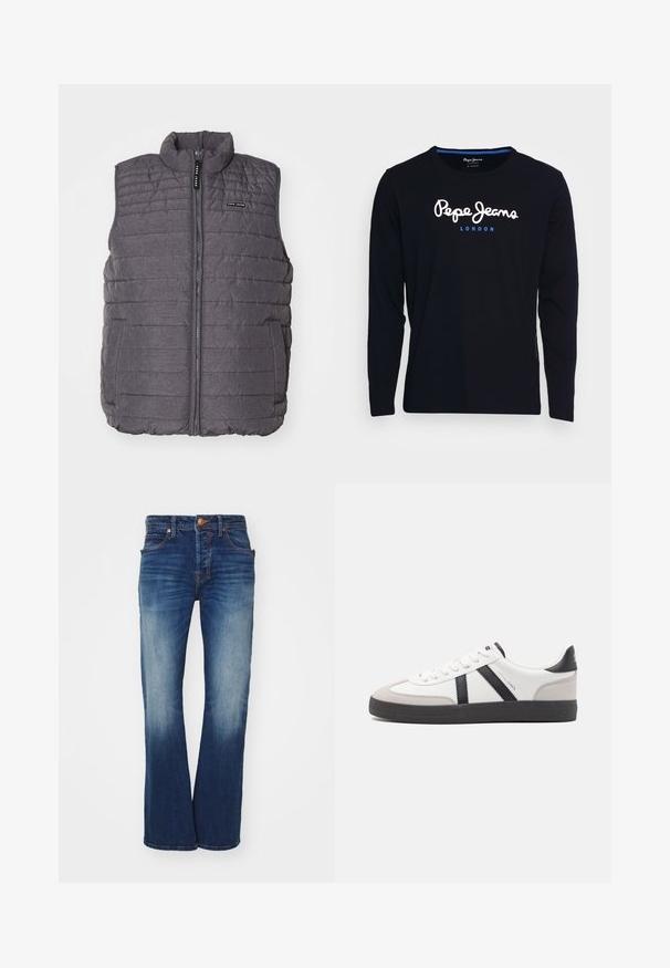 Grå polstret vest med lodret syning, høj krave og lynlås foran. Har to sidelommer og et lille logo på brystet.; Langærmet sort t-shirt lavet af bomuldsstof, med hvid og blå logo tekst "Pepe Jeans London" centreret på brystet.; Blå denimjeans med design af buks med flared ben, fem lommer og messingknaplukning. Har lyse nuanceskift og kontrastsyning.; Hvide sneakers med sorte og grå detaljer, med en tekstureret grå tåhætte, sort gummisål og flade hvide snørebånd. Rent design, minimalistisk stil.