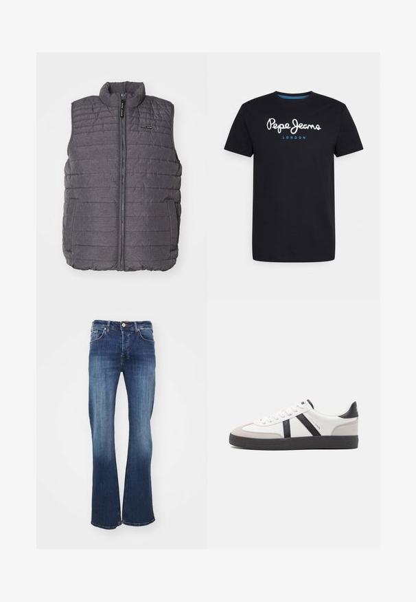 Grijze gewatteerde vest met verticale stiksels, hoge kraag en ritssluiting aan de voorkant. Bevat twee zijzakken en een klein logo op de borst.; Zwart katoenen T-shirt met een witte scriptlogo "Pepe Jeans" en een blauwe accent, ronde hals en korte mouwen. Eenvoudig, solide ontwerp.; Donkerblauwe spijkerbroek met uitlopende pijpen, vijf zakken, sluiting met een voelknop aan de voorkant en subtiele vervaging van knie tot zoom. Heeft een klassieke snit en stikseldetails.; Witte sneaker met zwarte en grijze accenten, voorzien van een grijze neus met textuur, zwarte rubberen zool en platte witte veters. Schoon ontwerp, minimalistische stijl.