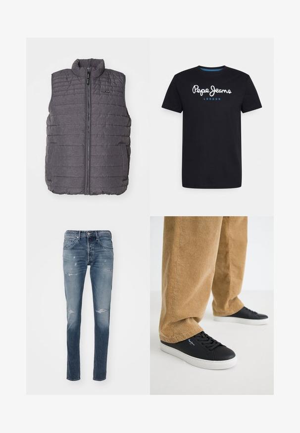 Graue gepolsterte Weste mit vertikaler Naht, hohem Kragen und Reißverschluss vorne. Verfügt über zwei Seitentaschen und ein kleines Logo auf der Brust.; Schwarzes Baumwoll-T-Shirt mit einem weißen Schriftlogo "Pepe Jeans" und blauen Akzenten, Rundhals und kurzen Ärmeln. Einfaches, schlichtes Design.; Replay WILLBI PANTS - Jeans Straight Leg - medium blue; Schwarze Ledersneaker mit weißen Gummisohlen. Getragen mit beigen Cordhosen, die vertikale Rippungen und eine lockere Passform aufweisen.