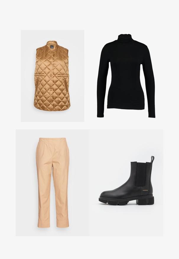 Gepolsterte ärmellose Weste aus goldbraunem, gestepptem Stoff mit Stehkragen, Druckknopfverschluss und Seitentaschen. Glatte, glänzende Textur.; Schwarzes Langarm-Turtleneck-Top aus glattem Stoff, mit taillierter Passform und hohem Kragen, geeignet zum Layering oder als eigenständiges Kleidungsstück.; OPUS MAILI - Stoffhose - sweet almond; Schwarze Leder-Ankle-Boots mit elastischen Seitenpaneelen und einer robusten, profilierten Sohle. Mit einer Zuglasche und goldenen Markendetails. Matte Oberfläche.