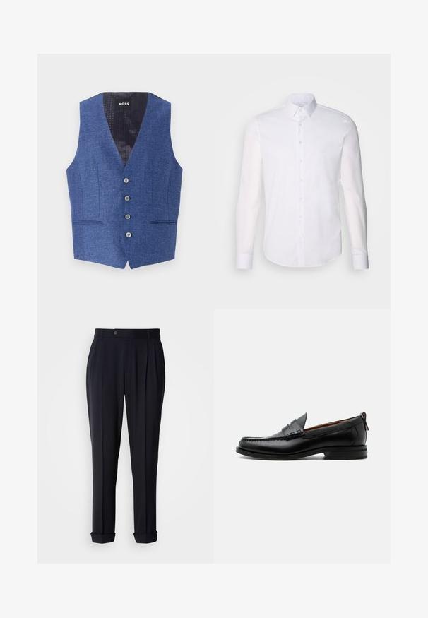 Blå vest med et struktureret stof, slim fit, V-hals, fem frontknapper og to sidelommer. Foret inderside har et diskret mønster.; Hvid langærmet button-up skjorte lavet af bomuld, med en klassisk krave, frontknapper og minimal syning detalje.; Mørkeblå skræddersyede bukser med frontfold, knaplukning og opkrøllede cuffs. Fremstillet af et glat stof med en struktureret pasform.; Sort læder herre loafer med moc-tå syning, penny strop, struktureret krave og lav stablet hæl på hvid baggrund.