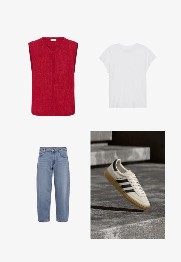 Veste rouge en tricot avec un col en V, sans manches, et six boutons. Présente un tissu texturé et une silhouette droite et carrée.; T-shirt blanc à manches courtes, col rond, coupe décontractée, en tissu de coton doux. Texture lisse, sans motifs ni logos.; Jean en denim bleu clair à coupe ample, taille mi-haute, design à cinq poches, et ourlets légèrement effilochés. Caractéristiques des accents de couture.; Baskets Adidas Spezial blanches avec des rayures noires et une semelle en gomme flottant au-dessus de marches en pierre grises à l'extérieur.