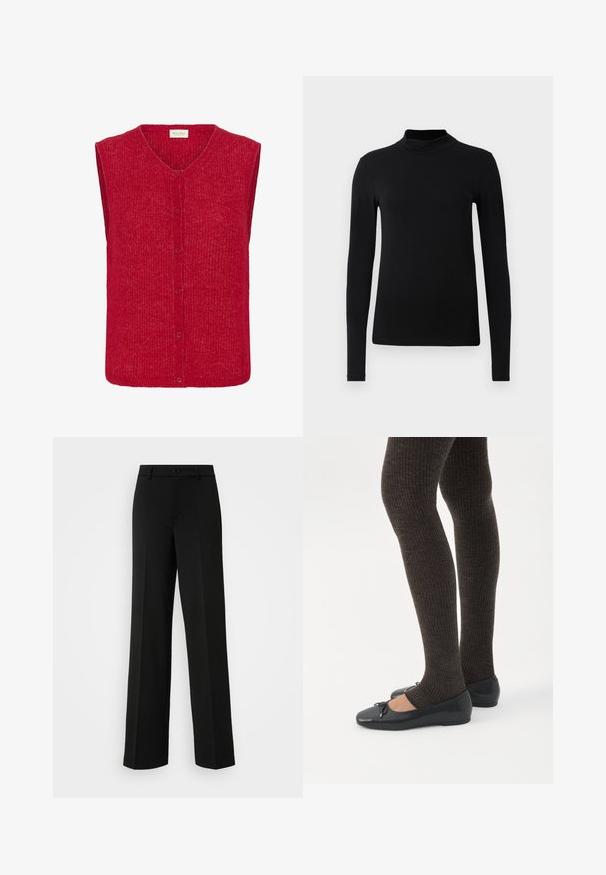Veste rouge en tricot avec un col en V, sans manches, et six boutons. Présente un tissu texturé et une silhouette droite et carrée.; Chemise à col roulé noir à manches longues en tissu lisse ; design ajusté avec un col haut et sans coutures visibles. Couleur unie et simple.; ONLY Tall ONLPEACH LIFE WIDE - Pantalon classique - black; Jambes portant des leggings côtelés foncés associés à des ballerines noires avec de petits détails en nœud sur fond blanc.
