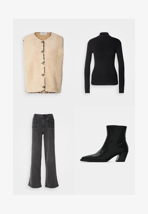Beige neppelsen vest met een ronde hals, zwarte knoopsluitingen, en een patroonrand met een luipaardprint langs de randen.; Zwarte coltrui gemaakt van lichte brei stof. Heeft lange mouwen, een aansluitend design en een zachte ribbeltextuur.; Hoge taille, wijd-uitlopende zwarte jeans gemaakt van denim, met een knoopsluiting, riemlussen en twee achterzakken met gestikte accenten.; Zwarte leren enkelboot met een spitse neus, een slanke silhoeet en een chunky vierkante hak. Gladde textuur met minimale stikdetails.