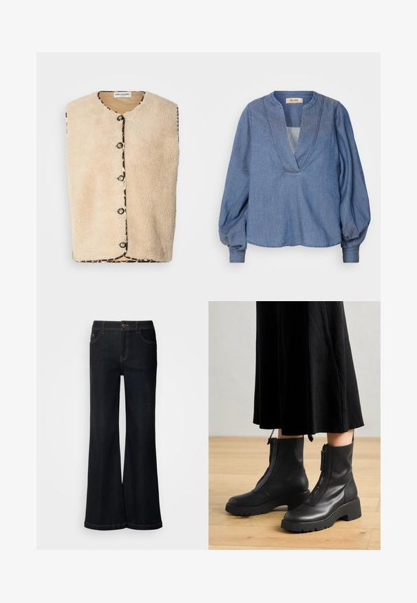 Beige faux fur vest med rund hals, sorte knaplukninger og en mønstret kant med leopardprint langs kanterne.; Lys blå denimbluse med dyb V-hals, ballonærmer og en afslappet pasform. Har struktureret syning langs halsudskæringen og manchetterne.; Mos Mosh MMDARA DELUXE JEANS - Jeans Relaxed Fit - dark blue; Sorte læder ankelstøvler med en kraftig platformsål og en frontlynlås. Glat tekstur med et minimalistisk design.