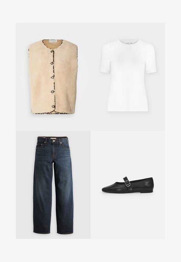 Beige faux fur vest med rund hals, sorte knaplukninger og en mønstret kant med leopardprint langs kanterne.; Hvid T-shirt med rund hals, korte ærmer, slank pasform og ribbet stofstruktur, vist på en ensfarvet lys grå baggrund.; Mørkeblå denimjeans med lige ben, fem lomme-stil og kontrastsyninger samt knappelukning.; Sorte læder flade sko med rund tå, et enkelt justerbart spænde og en glat, blank overflade. Minimalistisk design med en lav hæl.