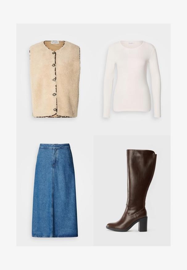 Chaleco de piel sintética beige con cuello redondo, cierres de botones negros y un ribete decorado con un estampado de leopardo en los bordes.; Top blanco de manga larga de canalé con cuello redondo, textura suave y diseño ajustado. Líneas verticales sutiles crean una apariencia estilizada.; Falda midi de mezclilla con un corte relajado, presenta una cintura alta, dobladillo deshilachado y color azul sólido. Diseño sencillo sin adornos visibles.; Bota de cuero marrón oscuro hasta la rodilla con punta redondeada y tacón cuadrado, acabado liso y panel elástico en la parte posterior.