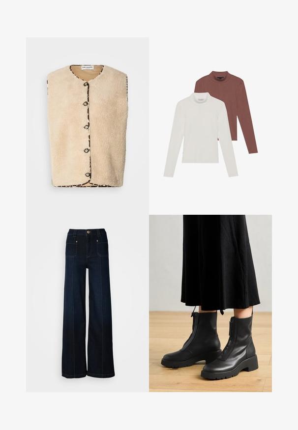 Beige neppelsen vest met een ronde hals, zwarte knoopsluitingen, en een patroonrand met een luipaardprint langs de randen.; Twee langmouw turtleneck tops: de ene in wit en de andere in roestbruin, gemaakt van lichte, rekbare stof met een slim fit ontwerp.; Lossere denim jeans in donkerblauw. Bevat voorzakken, goudkleurige hardware en contrasterende stiksels. Glad textuur met een casual ontwerp.; Zwarte leren enkelboots met een chunky platformzool en een rits aan de voorkant. Glad oppervlak met een minimalistisch ontwerp.