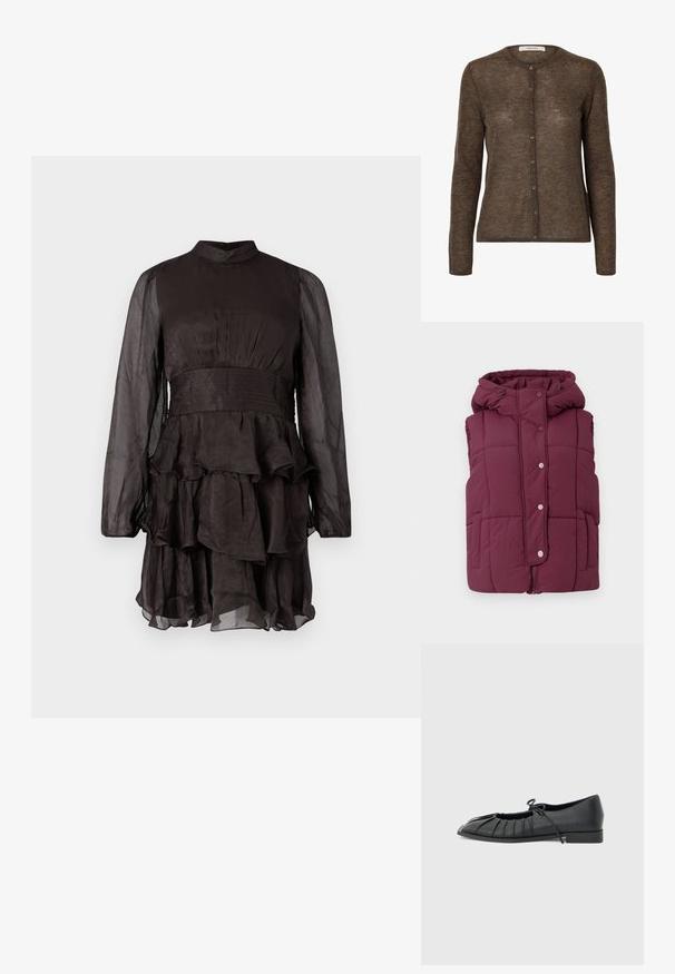JDY JDYWONDER SHORT HOOD - Bodywarmer - fig; Bruine cardigan met lange mouwen, een ronde hals en een rij van acht knopen aan de voorkant, gemaakt van een zachte, licht doorschijnende stof.; Zwart doorschijnend lange mouwen jurk met hoge halslijn, geplooide taille en gelaagde ruches rok tegen een eenvoudige witte achtergrond.; Zwarte platte schoen met geplooid voorkantontwerp en een gestrikte strik bovenop, lage hak en gladde textuur op een lichtgrijze achtergrond.