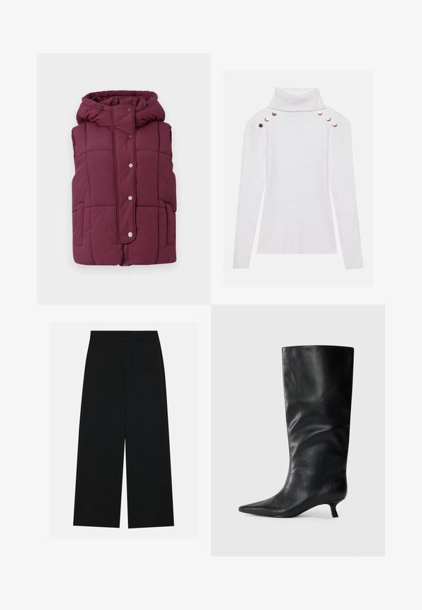 JDY JDYWONDER SHORT HOOD - Bodywarmer - fig; Anna Field by Zalando Trui - off-white; Zwart, wijde broek van een gladde stof. Heeft een plat tailleband met riemlussen en geen zichtbare zakken. Eenvoudig ontwerp.; Zwarte leren kniehoogte laars met een spitse neus en lage kittenheel, weergegeven op een effen lichte achtergrond.