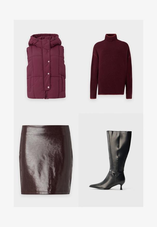 JDY JDYWONDER SHORT HOOD - Vesta - fig; Burgundský rolák so rebrovaným golierom a manžetami, vyrobený z mäkkej textúry, so spadnutými ramennými švami a voľným strihom.; Vínová mini sukňa z umelého kože s hladkou a lesklou textúrou a priliehavým strihom. Obsahuje čisté línie a rovný lem.; Čierna kožená čižma po kolená so špicatou špičkou a nízkym podpätkom typu kitten, zobrazená na jednoduchom svetlom pozadí.
