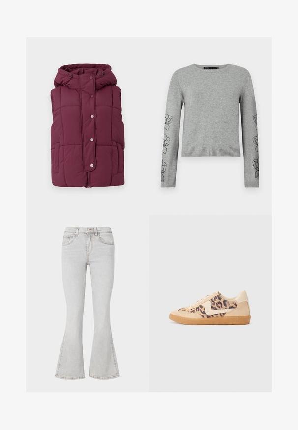 JDY JDYWONDER SHORT HOOD - Bodywarmer - fig; Grijze gebreide trui met lange mouwen, geribbelde zoom en bloemenborduurwerk op de mouwen. Ronde halslijn en textuurstof.; Lichtgrijze flared jeans met een klassiek vijfzakkenontwerp, slim fit door de dij en een uitlopende pijp bij de enkels.; Luipaardprint sneakers met een beige suède bovenkant, tan rubberen zool en witte accenten. Ronde neus en vetersluiting met een gestructureerde afwerking.