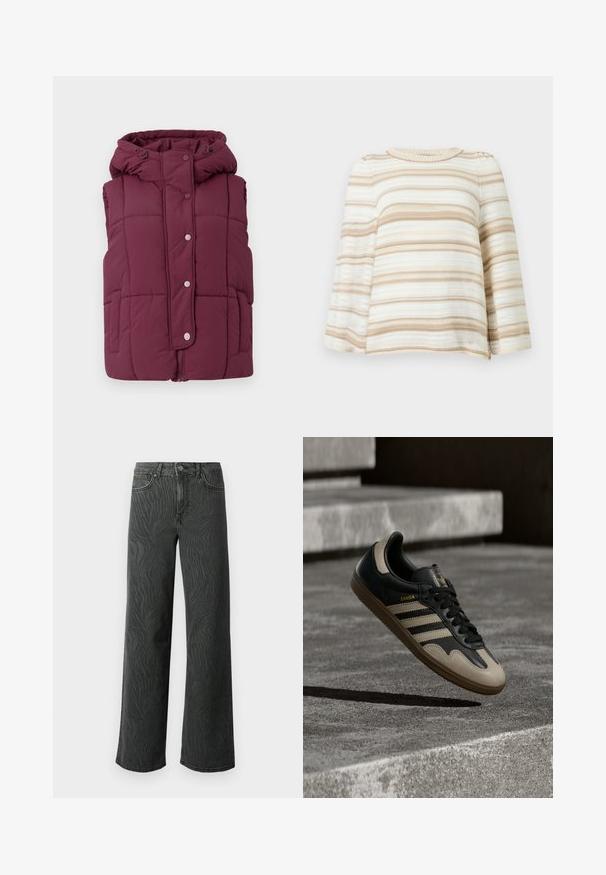 JDY JDYWONDER SHORT HOOD - Liivi - fig; Raidallinen neulepaita kermanvalkoisessa ja beige sävyssä, pyöreällä pääntiellä ja leveillä hihoilla. Neulottu rakenne, jossa vuorottelevat tiiviit ja avoimet kuviot.; Kapelevat farkut tummanharmaasta farkkukankaasta, joissa on hienovarainen seeprakuosistructuuri, kontrastiväriset tikkaukset ja viisi taskua napillista avausmekanismia varten.; Musta-beige nahkainen lenkkari, jossa kolme valkoista raitaa, vaaleanruskea kumipohja ja kultaiset "Samba"-yksityiskohdat sivussa.