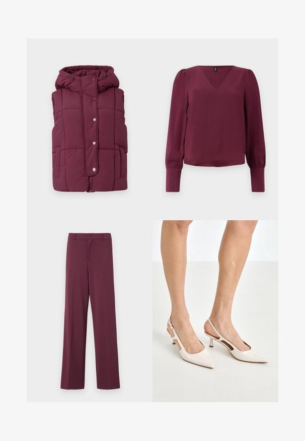 JDY JDYWONDER SHORT HOOD - Vest - fig; Bordeaux bluse med V-hals, lange puffede ærmer og elastiske manchetter. Lavet af letvægts, tekstureret stof. Enkel og moderne desain.; Mørkerøde bukser med bred benvidde, lavet af glat stof. Har en knaplukning og klassiske lommer. Enkel design uden mønstre eller detaljer.; Beige patenterede læder slingback hæle med spids tå og 5 cm hæl, med udskårne sider og en tynd ankelrem.
