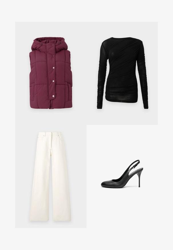 JDY JDYWONDER SHORT HOOD - Liivi - fig; Musta pitkähihaisen paidan malli on istuva, siinä on rypytetty tekstuuri ja pyöreä pääntie, ja se on valmistettu kevyestä, läpikuultavasta kankaasta.; Harjoittavan levyjalkakevätruokauseurasta on vaalea denimkangas, jossa näkyvät saumat ja taskut. Muotoilu sisältää korkean vyötärön ja suoran leikkauksen.; Musta nahkainen slingback-pumppu, jossa on terävä kärki, ohut stiletto-korko ja säädettävä hihna. Sujuva pinta ja minimalistinen muotoilu.