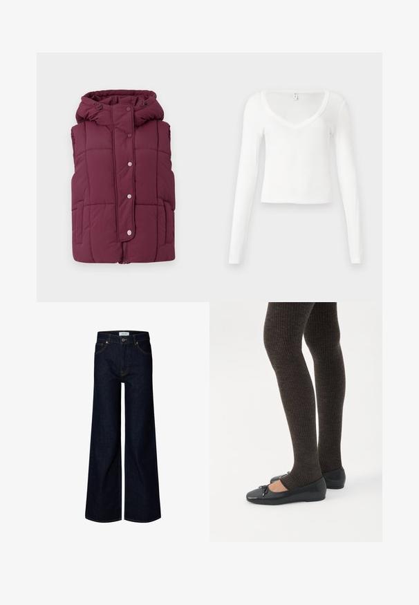 JDY JDYWONDER SHORT HOOD - Vesta - fig; Biela dlhý rukáv, priliehavá crop top košeľa s výstrihom do V a jednoduchou, hladkou textúrou látky na neutrálnej úrovni.; Tmavomodré široké rifle z denimu s predným gombíkom a zipsom, očkami na opasok a prednými vreckami, zobrazené na bielom pozadí.; Nohy v tmavých pásikavých legínach v kombinácii s čiernymi balerínkami s malými mašličkami na bielom pozadí.