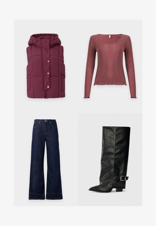JDY JDYWONDER SHORT HOOD - Bodywarmer - fig; Top met lange mouwen in zachtroze, met geribbelde textuur, ronde halslijn, gegolfde zoom en manchetten, gemaakt van zacht gebreid materiaal.; Donkerblauwe wijde spijkerbroek van denim. Kenmerken zijn een knoopsluiting, stikdetails en zijzakken. Uiteinde met een flared onderrand.; Zwarte leren enkellange laarzen met een spitse neus, een gladde textuur en een zilveren gesps Accent aan de zijkant. Stevige vierkante hak.