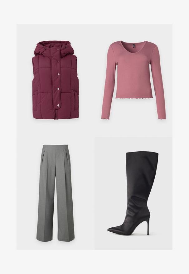 JDY JDYWONDER SHORT HOOD - Vest - fig; Langærmet, ribbet top i støvet rosa med V-udskæring og bølget kant. Glat tekstur, tætsiddende design og minimal detaljering.; Grå bukser med høj talje og vide ben, med forreste folder og sidelås, lavet af tekstureret stof.; Sort knæhøj stiletstøvle lavet af glat, glansfuldt materiale; spids tå; tætsiddende pasform med let samling nær anklen; skinnende hæl.