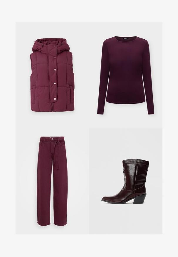 JDY JDYWONDER SHORT HOOD - Bodywarmer - fig; Donkerpaarse, aansluitende damesblouse met lange mouwen en ronde hals op een effen lichte achtergrond.; Bordeaux wijde benen broek van katoen, met een gestrikte tailleband, twee voorkleppen en een knoopsluiting. Glad van textuur, zonder patronen.; Bordeaux leren enkellaarsjes met een spitse neus, textuur op het oppervlak en een taps toelopende lage hak. Heeft subtiele stiksels en een strakke pasvorm.