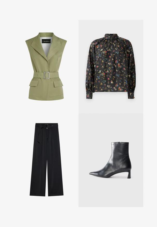 Olivenfarvet vest med bælte og skarp krave, der har to forlommer og en struktureret form, designet i et glat stof.; Sort bluse med lange ærmer, høj krave og draperet halsudskæring. Har et levende blomsterprint i flere farver på et glat stoff.; Sorte breddebenede bukser lavet af glat stof, med en høj talje og detaljer med bælte og løkker samt markante plissee foran.; Sort læder ankelstøvle med spids tå og et strømlinet design. Har en lav hæl og en lynlås lukning bagpå. Glat tekstur.