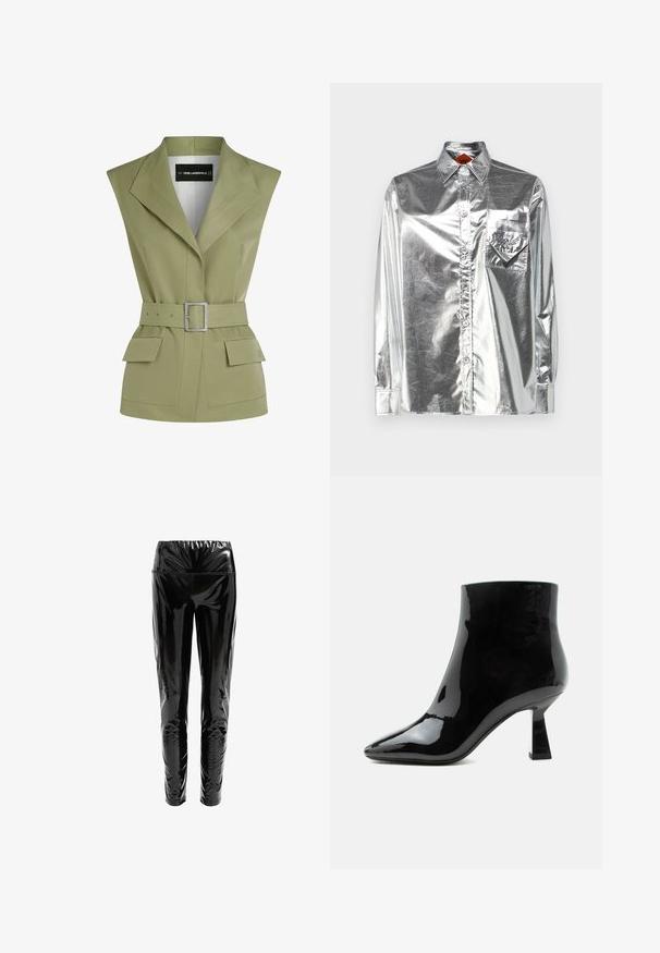 Olivovozelená vesta s opaskom a ostrým golierom, vybavená dvojicou predných vreciek a so štruktúrovaným tvarom navrhnutá z hladkej látky.; MCM METALLIC SHIRT - Blúzka so zapínaním na gombíky - silver; Čierne vysoké nohavice z lesklého, reflexného materiálu s hladkou textúrou; priliehavý dizajn, ktorý sa zužuje na členkoch.; Čierna lesklá lakovaná kožená členková obuv s špicatou špičkou a rozšíreným stredne vysokým podpätkom na bielom pozadí.