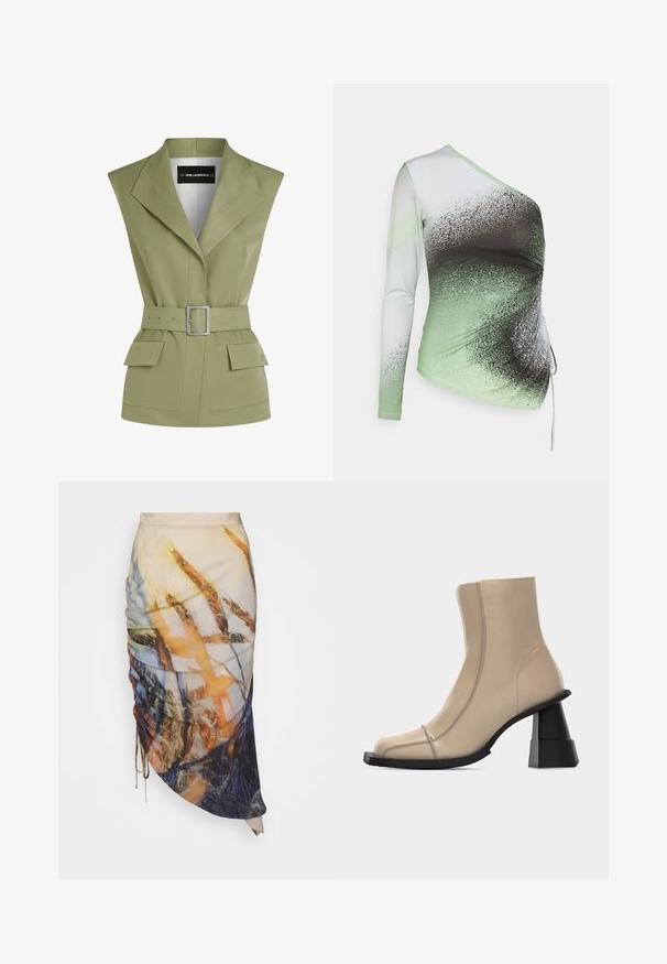 Olijfgroene vest met riem en scherpe kraag, voorzien van twee voorzakken en een gestructureerde vorm, ontworpen in een gladde stof.; Elleme ONE SHOULDER - Longsleeve - light green/white; Materiel DIAGONAL GATHERED SKIRT - Kokerrok - golden hour; Beige leren enkellaars met vierkante neus, zichtbare stiksels en een stevige zwarte gevormde blokhak op een witte achtergrond.