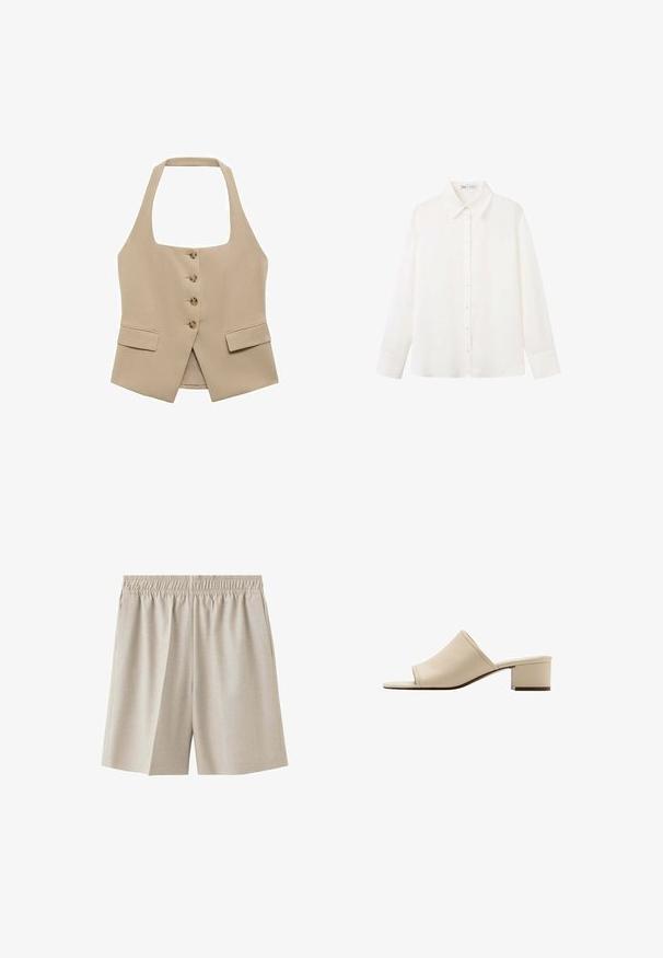 Chaleco beige de cuello halter con forma ajustada, cierre de cinco botones y dos bolsillos frontales. Fabricado en una tela suave con un acabado limpio.; Camisa blanca de manga larga con botones, cuello puntiagudo y puños anchos en un tejido liso y sencillo.; Pantalones cortos beige con cintura elástica, tela lisa y sin bolsillos o patrones visibles sobre un fondo blanco.; Sandalia mule beige con punta abierta, tacón bajo de bloque y parte superior de cuero suave, mostrada de perfil sobre fondo blanco.