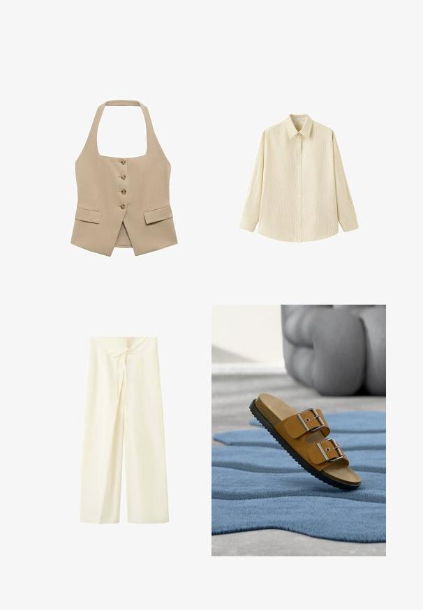 Chaleco beige de cuello halter con forma ajustada, cierre de cinco botones y dos bolsillos frontales. Fabricado en una tela suave con un acabado limpio.; Camisa beige de manga larga con botones, con sutiles rayas verticales y cuello puntiagudo, mostrada sobre un fondo blanco.; Pantalones de pierna ancha de color crema con cintura alta y detalle de lazo delantero en la pretina.; Sandalia tipo slide de ante marrón con dos hebillas plateadas ajustables, plantilla de corcho y suela de goma negra, colocada sobre una alfombra azul texturizada.